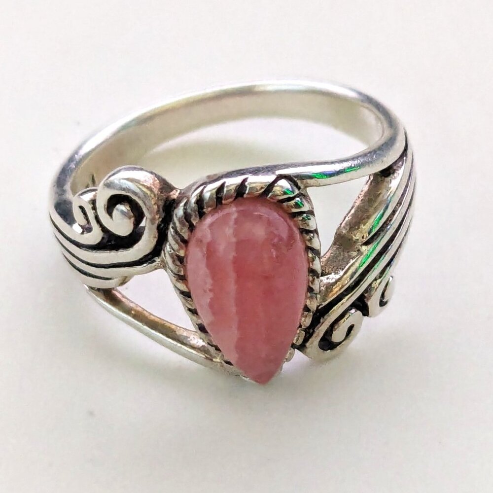 BBJ 925 Sterling Silver Rhodochrosite Stone Scroll Ring Size 6